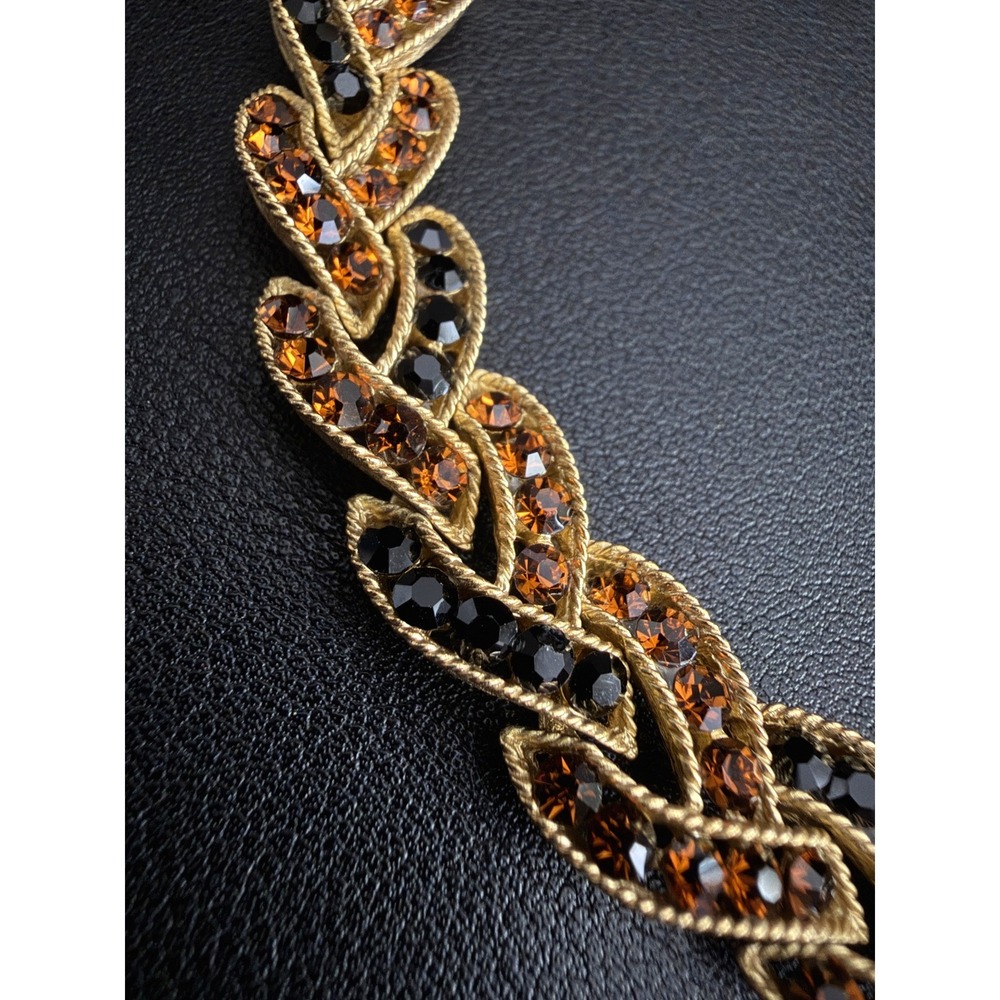 Vintage Trifari Rhinestone Cavalcade Necklace Braid Gold Tone Brown Black Fall